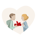 Ein Mann überreicht einer Frau ein rotes Geschenk in Herzform. Beide lächeln und sehen glücklich aus
